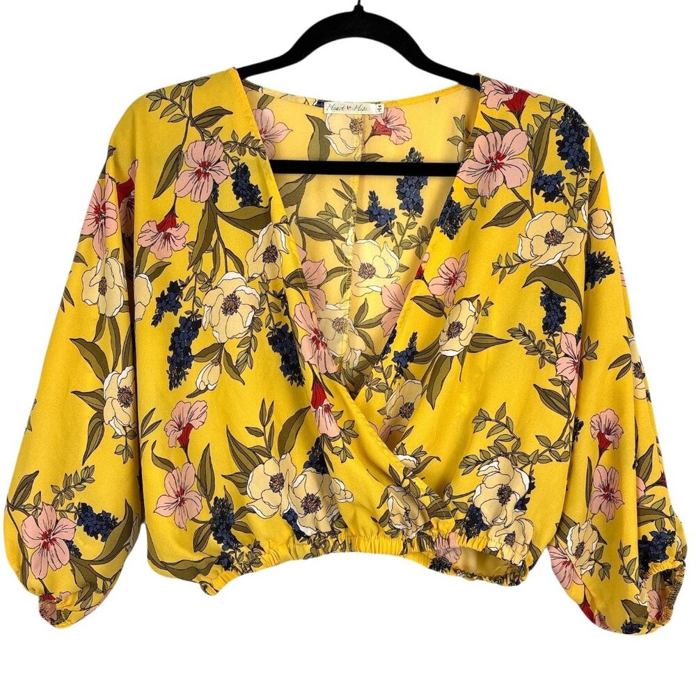 Heart + Hips‎ Floral Crop Top Women’s Medium Yellow Boho Blouse Puff Sleeves